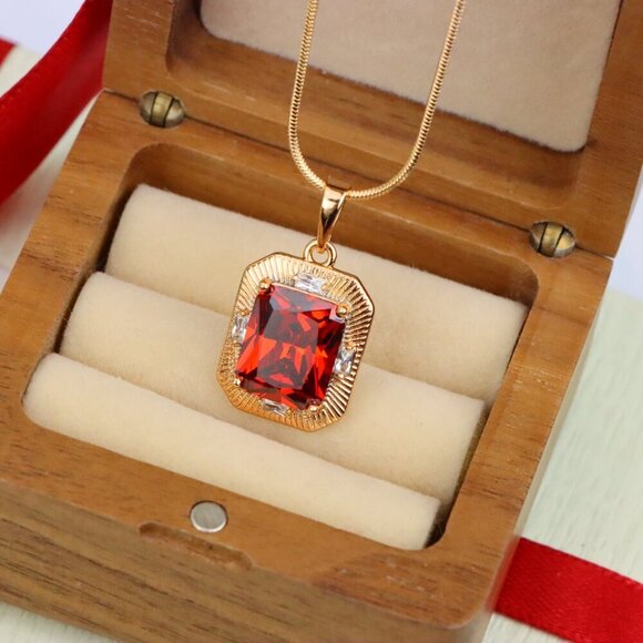 "Red Rectangle Pendant with Gold Frame and Sparkling Stone Accents, XPPT1787 - Picture 2 of 12